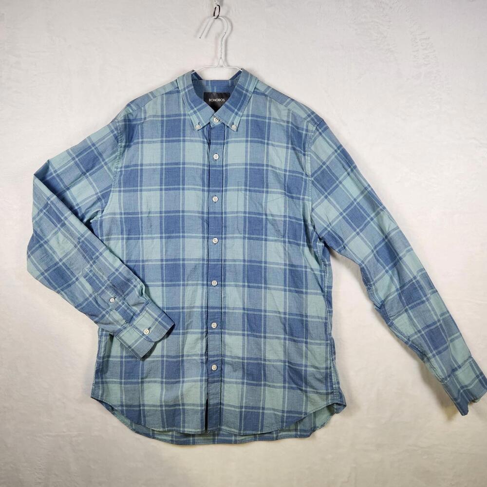 Bonobos Slim Fit Button Down Shirt Blue Plaid‎ Long Sleeve Mens Size L